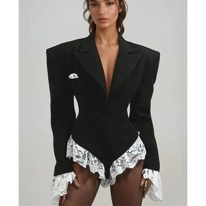 Black Blazer with White Lace Trim